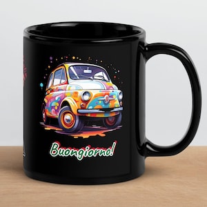 Taza Estilo de vida italiano, Taza 500, Italiano, Viaje, Taza Buongiorno, Italia, Regalo para los amantes de Italia, Regalo para ella, Taza negra, Taza Vintage Car