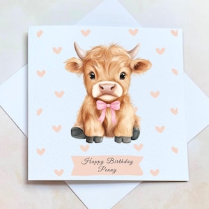 Personalised Highland Cow Birthday Card With Pink Hearts, A6 Cute Farm Animal Birthday Card Customised with Name