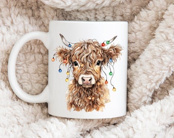 Ensemble tasse et sous-verre de Noël vache Highland, coffret cadeau festif de tasse en céramique 110 z pour un amoureux des vaches Highland, cadeau de Noël pour un amoureux des animaux