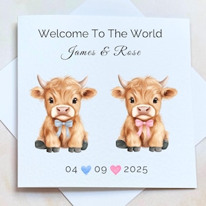 Carte de jumeaux pour nouveau bébé, carte de félicitations pour jumeaux sur le thème vache Highland, souvenir personnalisé pour jumeaux garçon et fille, carte vache mignonne pour les nouveaux parents