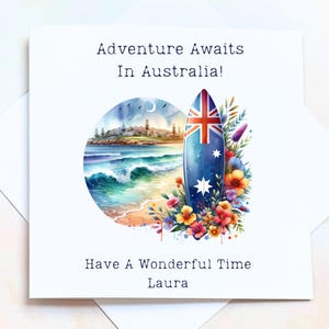 Personalised Adventure Awaits In Australia Card, Moving To Australia Card, Good Luck For Your Gap Year In Oz, Bon Voyage Backpacking Card