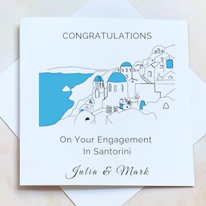 Carte de fiançailles à Santorin, proposition de mariage grecque romantique souvenir, carte de voeux de fiançailles de Santorin, carte de couple Maisons blanches, mer bleue, Grèce
