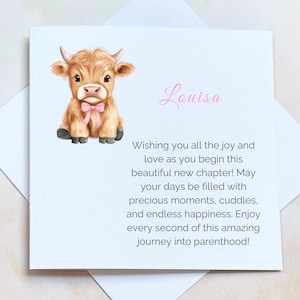 Carte personnalisée de baby shower avec une jolie vache des Highlands, carte de départ pour avoir une fille, carte de congé de maternité bonne chance pour collègue