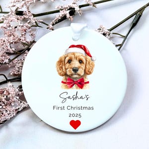 Personalised Puppy&#39;s First Christmas Ornament, Ceramic Dog Breed Decoration