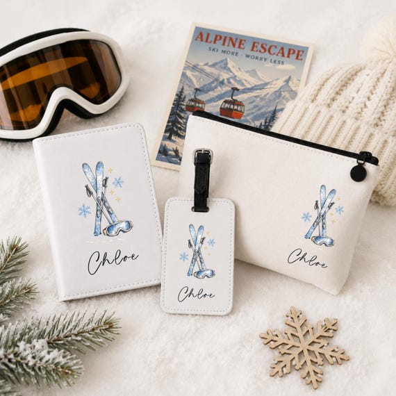 Personalised Ski Travel Gift Set, Passport Cover Luggage Tag And Travel Pouch, Ski Holiday Gift,