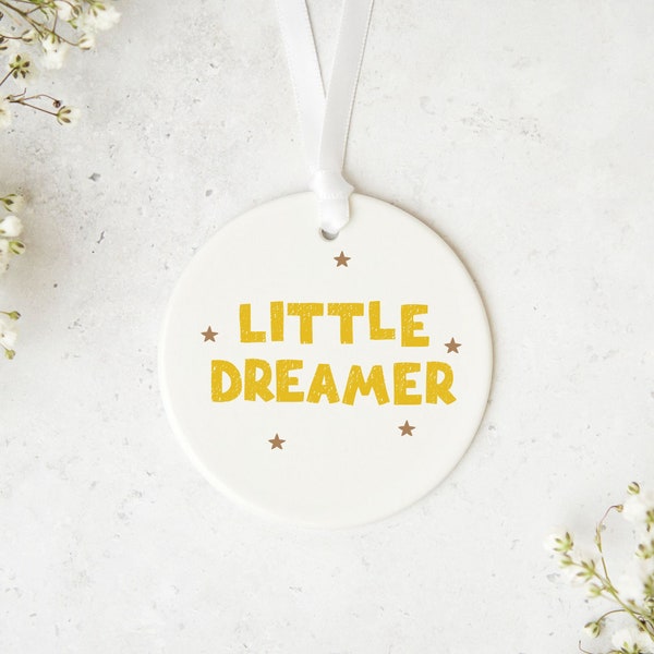 Little Dreamer Ceramic Ornament, Colourful Playroom Hanging Decoration, Baby Shower Gift For A Baby's Nursery, Gift For A Toddlers Bedroom