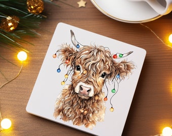 Festive Highland Cow Coaster, Christmas Cow Themed Gift, Home Decor Gift At Christmas Time, Cute Cow Coaster Gift For A Cow Lover,