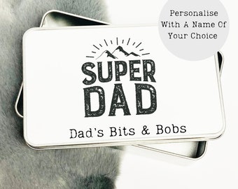 Super Dad Bits And Bobs Storage Tin, Personalised Father's Day Gift From His Children, Mini Tool Box For A DIY Handy Daddy, Dad's Custom Tin
