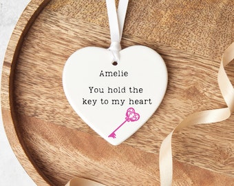 Personalised You Hold The Key To My Heart Ceramic Ornament, Heart Shaped Keepsake Gift, 9th Wedding Anniversary Gift For Wife