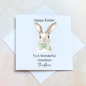 Carte de Pâques personnalisée pour petit-fils, carte de Pâques pour enfants de grands-parents, carte de voeux de Pâques carré lapin de Pâques, carte de Pâques avec nom personnalisé