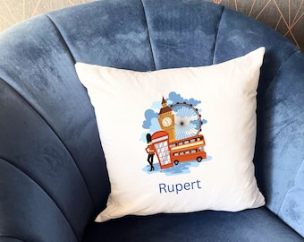 Personalised London Iconic Landmarks Cushion, London Bus Cushion For A Childrens Playroom, Home Warming Gift For A New Home In London