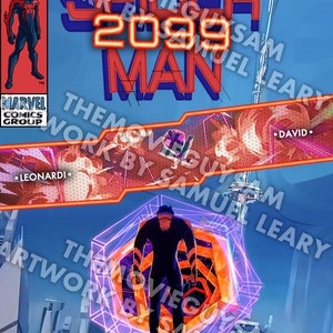 Pu&ograve; includere: Copertina del fumetto di Spider-Man 2099. L'immagine presenta una figura futuristica di Spider-Man in un costume nero e rosso, su uno sfondo blu con il titolo "Spider-Man 2099" in grassetto rosso e blu. Le parole "Across the Spider-Verse" sono in basso.