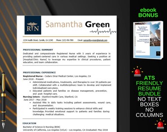 Pase la pantalla de 6 segundos con esta plantilla de currículum de enfermera profesional / Libro electrónico BONUS / Currículum ATS / Ms Word / Compatible con Google Docs y Pages