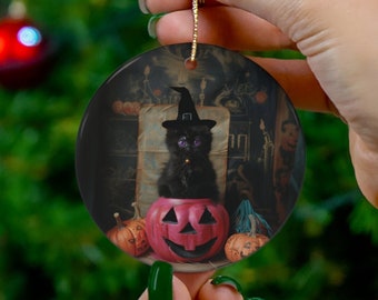 Pink Pumpkin Patch Black Cat Halloween Ornament | Gift for Halloween Lovers Ornament | Witches Halloween Decor Ornament | Witchcraft