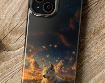 White Wolf iPhone Case  iPhone 16 15 14 13 Magsafe | Nature Wolf Butterfly Art Phone Case iPhone Fantasy Nature Abstract Art Phone