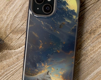 Playful White Wolf iPhone Case  iPhone 16 15 14 13 Magsafe | Nature Wolf Butterfly Art Phone Case iPhone Fantasy Nature Abstract Art Phone