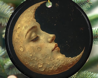 Celestial Moon Christmas Ornament | Moon Love Ceramic Ornament | Retro Style Moon Ornament | Cottagecore Tree Decor | Ornament