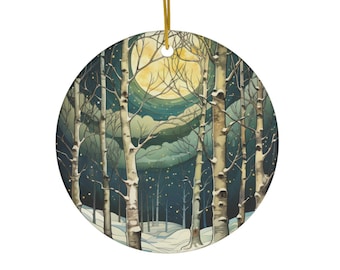 Winter Birches Christmas Ceramic Circle Ornament | Birch Tree Ornament | Forest Ornament | Woodland Ornament | Birch Trees Nature Lover