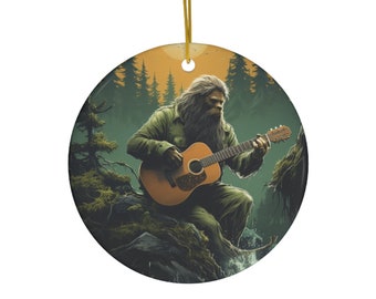 Sasquatch-gitaar keramisch cirkelornament | Yeti-ornament | Eerste kerst | Housewarmingcadeau voor papa | Bigfoot-ornament | Bigfoot-cadeau