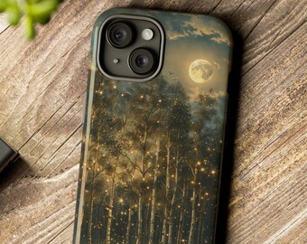 Birch Moon Primitive Art Painting Phone Case - Birch Forest Painting iPhone 15 14 Galaxy S24 XR Primitive Landscape Phone Case Pixel Case