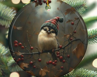 Ceramic Ornaments, Chickadee Winter Decor, 2-Side Print, Holiday Tree Decorations, Christmas Ornaments, Bird Lover Gifts, Winter Chickadee
