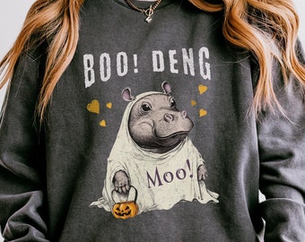 Moo Deng Sweatshirt - Cute Boo Deng Baby Hippo Halloween Pullover Comfort Colors® Vintage Halloween Shirt, Ghost Costume Sweatshirt