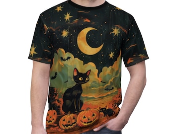 Vintage Black Cat Halloween Shirt | Pumpkin Halloween | Cat Kitty T-Shirt | Jack-O-Lantern Halloween Moon Shirt Gift for Witch | Vintage Art