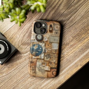 May include: A phone case with a vintage map and compass design. The case is brown and features a variety of maps, compasses, and other nautical imagery.