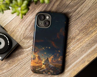 White Wolf Phone Case | iPhone 16 15 14 13 Galaxy S24 - Nature Wolf Butterfly Art Case - Fantasy Nature Lover Art Phone Case