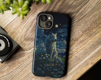 White Wolf and Fireflies Phone Case | Wolf Lovers Gift Phone Case | Firefly Phone Case Fantasy Art Daisy Spirit Animal | Wolf Iphone