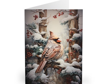 Winter Cardinal Christmas Greeting Cards (5 Pack) | Red Cardinal Christmas Card Set | Winter Forest | Songbirds | Card for Bird Lover