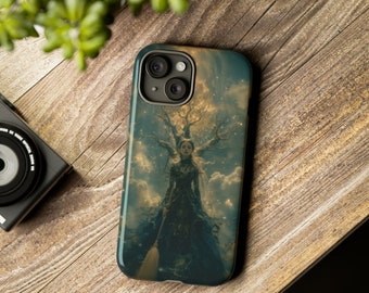 May include: A phone case with a dark green and blue design featuring a woman in a long black dress standing in front of a tree with glowing lights. The background is a dark blue sky with white clouds.