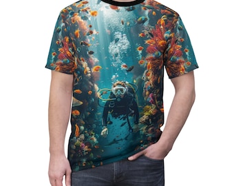 Scuba Diver Shark All-over Shirt | Gift for Scuba Divers | Scuba Diving T-shirt | Underwater Scuba Scene Shark Shirt