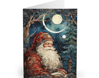 Santa Christmas Greeting Cards (5 Pack) | Art Nouveau Father Christmas Card Set | Winter Scene | Christmas Moon | Winter Forest