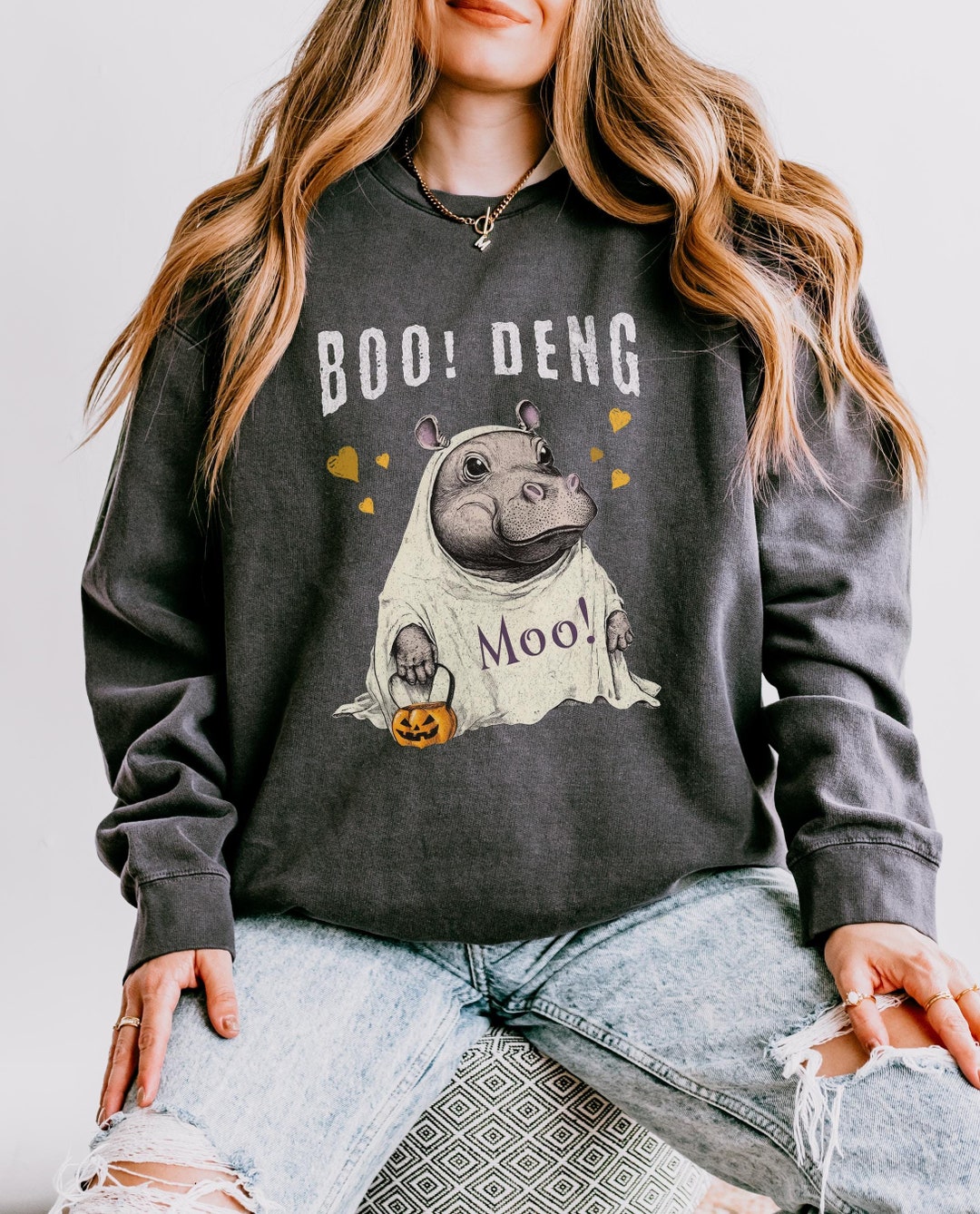 Moo Deng Sweatshirt - Cute Boo Deng Baby Hippo Halloween Pullover ...
