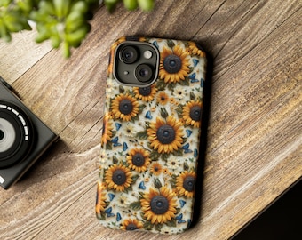 Boho Sunflower Phone Case For iPhone 15 14 13 Pro Max 12 XR 7 SE S24 Blue Butterfly Case Samsung Galaxy Pixel Cottage Core Flower Case