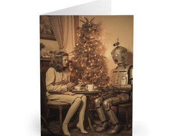 Puede incluir: Tarjeta de felicitación con una imagen de estilo vintage de una mujer y un robot sentados a una mesa, con un árbol de Navidad decorado al fondo. La mujer lleva un vestido y el robot es metálico.
