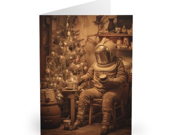 Gruselige Retro Roboter Weihnachtskarten (5er Pack) | 1950er Jahre Roboter Weihnachtskarten Set | Lustige Weihnachtskarte | Sci-fi Grusskarte