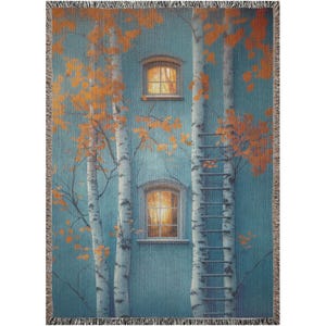May include: A woven tapestry wall hanging featuring a blue building with two windows and a ladder leading up to the top window. The building is surrounded by birch trees with orange leaves.