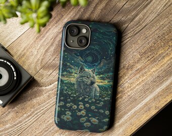 Silver Wolf Phone Case | Grey Wolf Lovers Gift Phone Case | Wolves Phone Case Fantasy Art Daisies Spirit Animal | Daisy Field Wolf Iphone