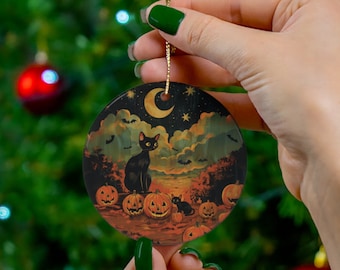 Vintage Black Cat Halloween Ornament | Black Kitty | Autumn Cat Lovers Ornament | Jack-O-Lantern Retro Halloween Decor | Halloween Ornament