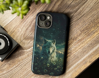 Silver Wolf Phone Case | Grey Wolf Lovers Gift Phone Case | Wolves and Daisies Phone Case Fantasy Art Daisy Spirit Animal | Wolf Iphone