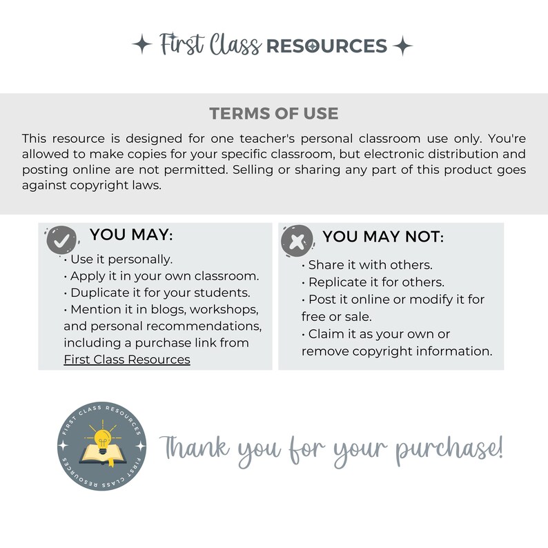 May include: A graphic with a checkmark and an X, outlining the terms of use for a digital resource. The text reads "You May" and "You May Not" with a list of permitted and prohibited actions. The graphic also includes a logo with a book and lightbulb.