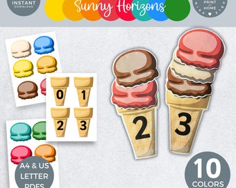 Ice Cream Activity Page, Counting Matching Ice Cream Scoops, Number Match Game, Math Center, Preschool Activity Classroom Learning Printable