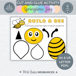 May include: A printable build-a-bee craft activity for kids. The activity includes a bee body, wings, head, and a triangle for the stinger. The text on the page reads "Springtime Joy" and "Build a Bee".