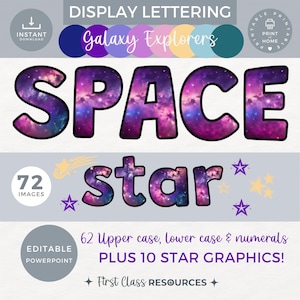 Letras del alfabeto espacial para exhibir, decoración del aula galáctica, tablón de anuncios, tema del espacio exterior, mayúsculas y minúsculas de la A a la Z, números del 0 al 9, profesor