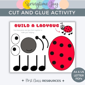 Build a Ladybird Ladybug Craft, Insect Cut and Paste Activity, Spring Printable for Kids, Fine Motor Preschool Art EYFS Bug Craft Homeschool