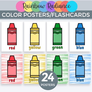 Color Posters and Flashcards, Crayon Theme Classroom Decor, Printable colorful word Posters, Rainbow Display for Kids, Bulletin Board Decor
