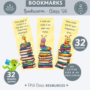 May include: Set of 32 printable bookmarks featuring colourful bookworm illustrations and inspirational reading quotes. The bookmarks are designed for US Letter and A4 sizes.