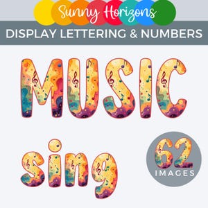 May include: A graphic featuring the word "MUSIC" and "sing" in colourful, stylized lettering, decorated with musical notes. The image also includes the text "DISPLAY LETTERING & NUMBERS" and a graphic that says "62 IMAGES".